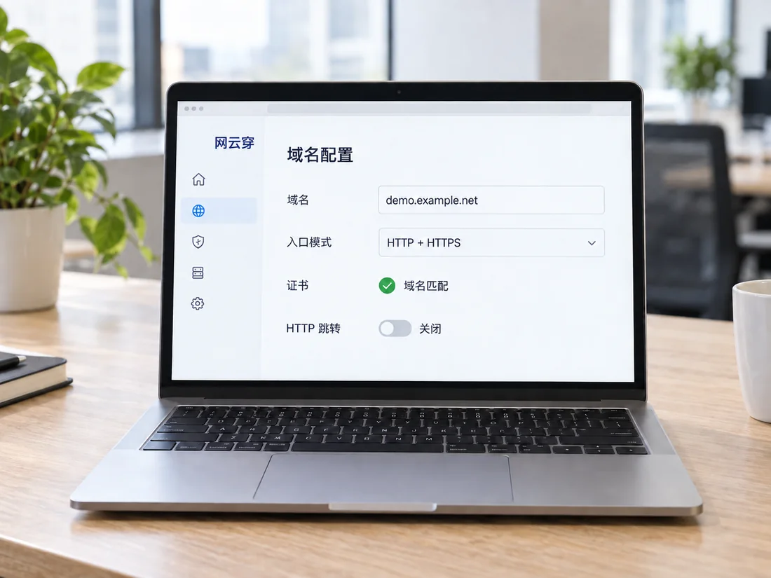 笔记本上的域名配置示例:demo.example.net、匹配证书、HTTP / HTTPS 双入口,HTTP 跳转关闭