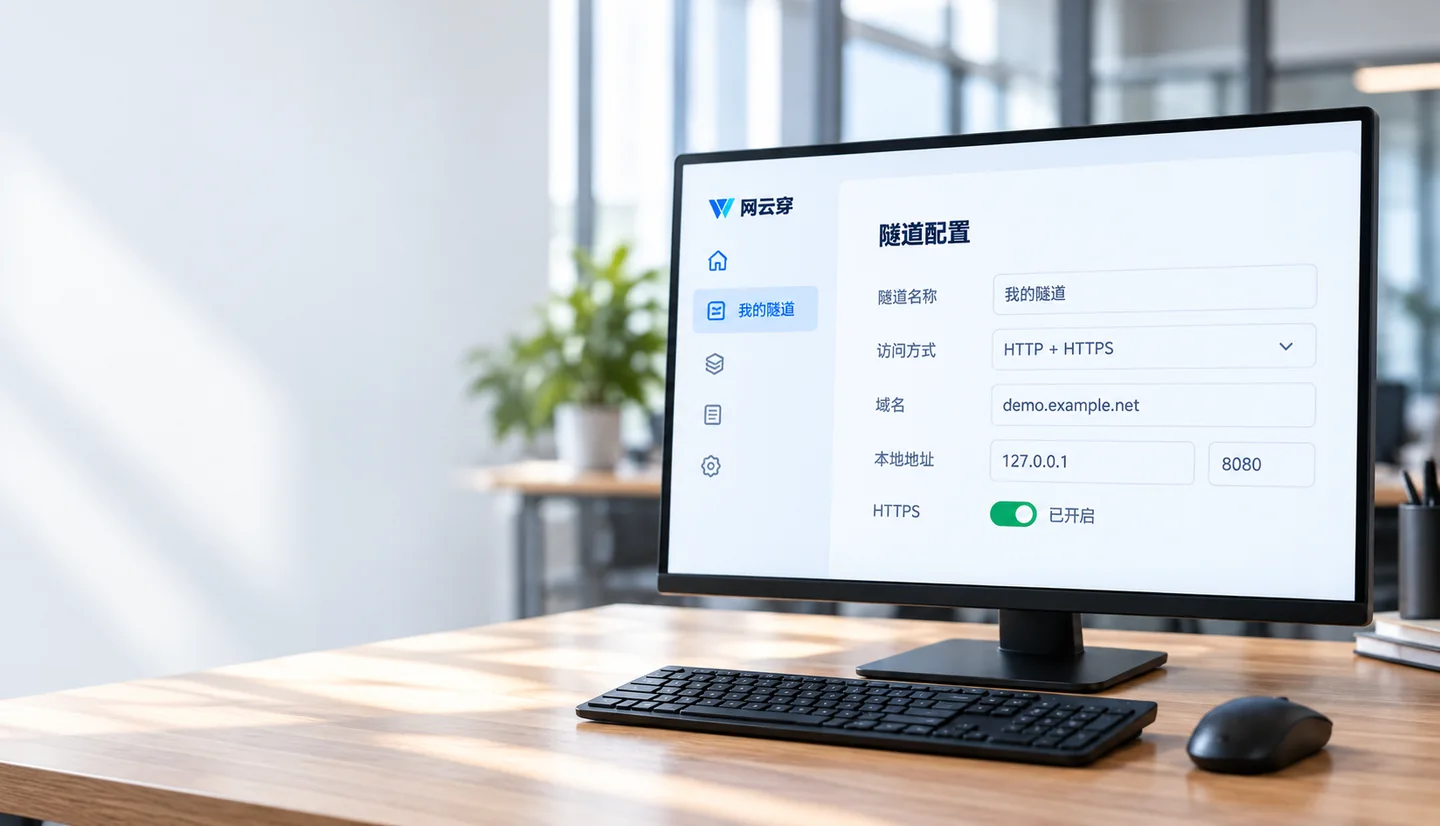 办公桌显示器上的网云穿隧道配置功能示意